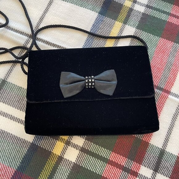VELVET EVENING BAG WITH SILK BOW AND RHINESTONES IN BLACK - NWOT (504) - Picture 1 of 5